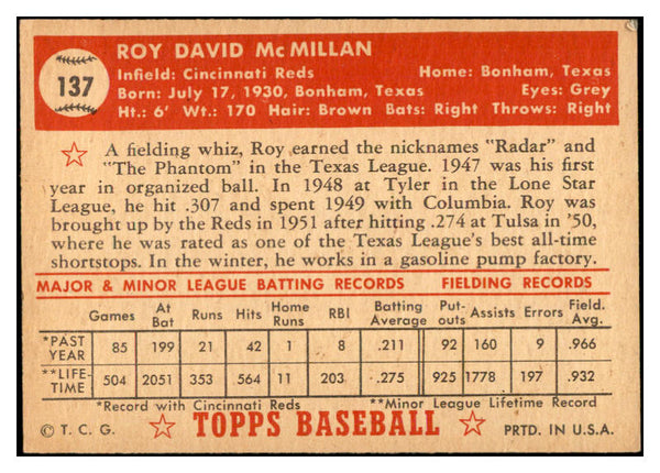 1952 Topps Baseball #137 Roy McMillan Reds EX+/EX-MT 532614