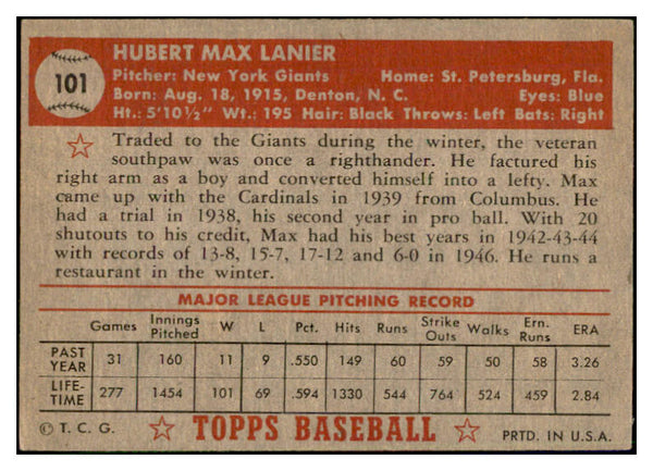 1952 Topps Baseball #101 Max Lanier Giants EX-MT 532617