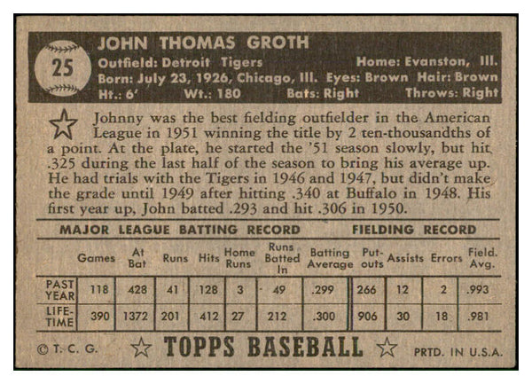 1952 Topps Baseball #025 Johnny Groth Tigers EX-MT Black 532621