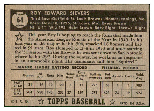 1952 Topps Baseball #064 Roy Sievers Browns EX Black 532622