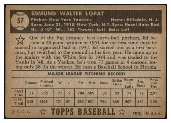 1952 Topps Baseball #057 Eddie Lopat Yankees VG-EX Black 532634