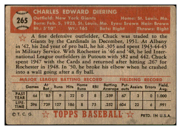 1952 Topps Baseball #265 Chuck Diering Giants VG-EX 532643