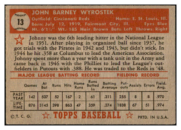 1952 Topps Baseball #013 Johnny Wyrostek Reds VG-EX Red 532674