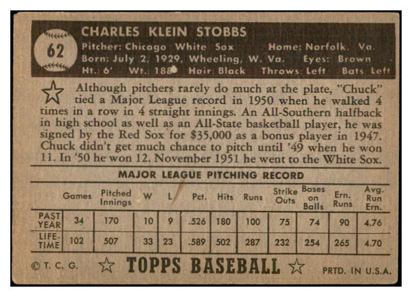 1952 Topps Baseball #062 Chuck Stobbs White Sox VG-EX Black 532680