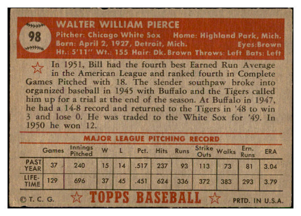 1952 Topps Baseball #098 Billy Pierce White Sox VG-EX 532687