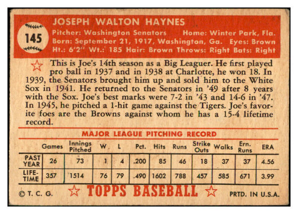 1952 Topps Baseball #145 Joe Haynes Senators VG-EX 532694