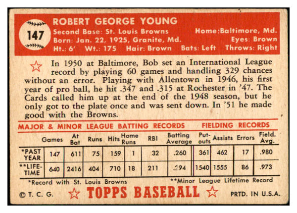 1952 Topps Baseball #147 Bob Young Browns VG-EX 532695