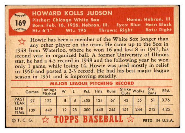 1952 Topps Baseball #169 Howie Judson White Sox VG-EX 532701