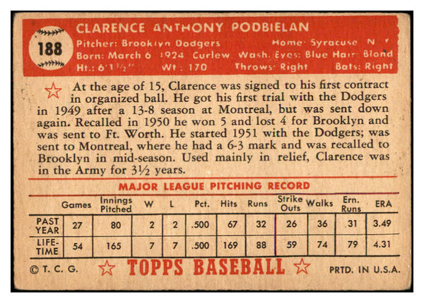 1952 Topps Baseball #188 Bud Podbielan Dodges VG-EX 532704