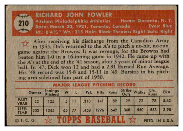 1952 Topps Baseball #210 Dick Fowler A's VG-EX 532708