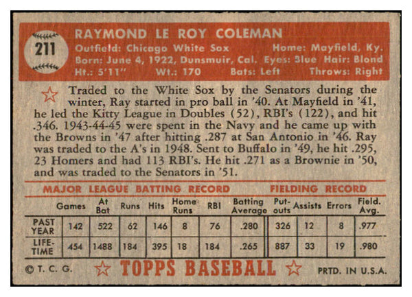 1952 Topps Baseball #211 Ray Coleman White Sox VG-EX 532709