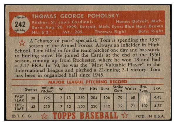 1952 Topps Baseball #242 Tom Poholsky Cardinals VG-EX 532718