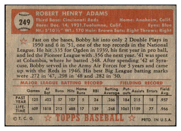 1952 Topps Baseball #249 Bobby Adams Reds VG-EX 532719