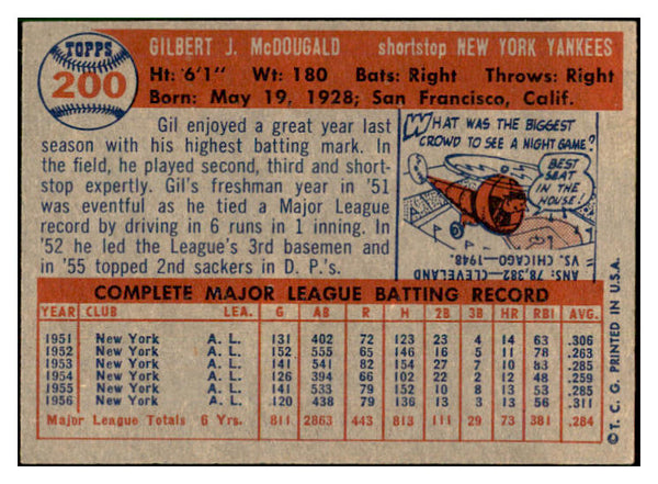 1957 Topps Baseball #200 Gil McDougald Yankees EX-MT 532736