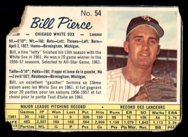 1962 Post Canadian Baseball #054 Billy Pierce White Sox Low Grade 532962