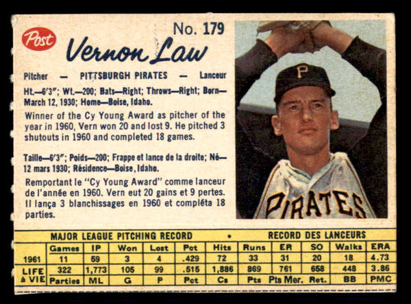 1962 Post Canadian Baseball #179 Vern Law Pirates Low Grade 532995