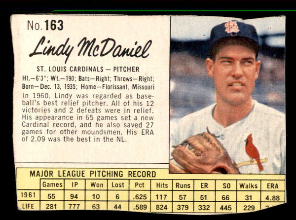 1962 Jello #163 Lindy McDaniel Cardinals Low Grade 533047