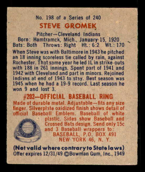 1949 Bowman Baseball #198 Steve Gromek Indians NR-MT 533052