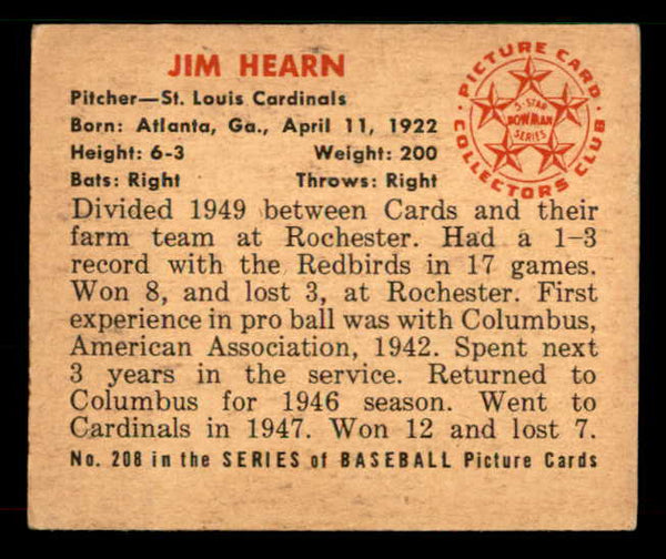 1950 Bowman Baseball #208 Jim Hearn Cardinals EX-MT No Copyright 533058