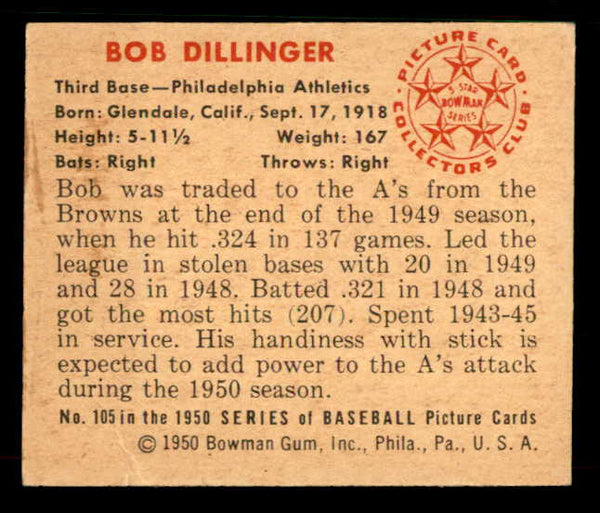 1950 Bowman Baseball #105 Bob Dillinger A's VG-EX 533069