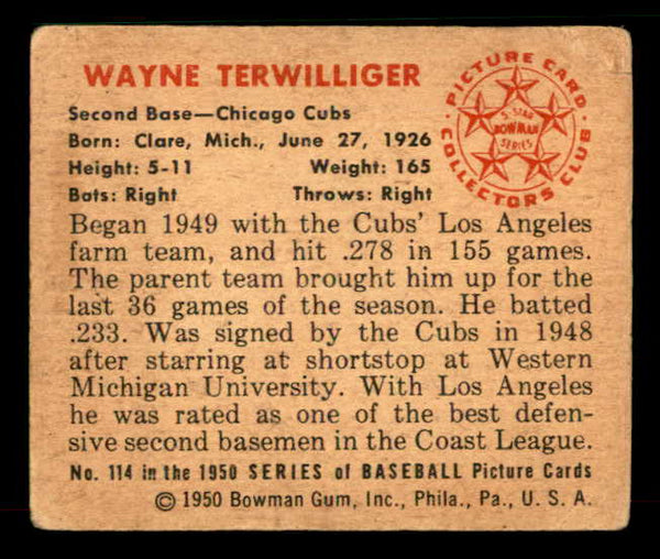 1950 Bowman Baseball #114 Wayne Terwilliger Cubs VG-EX 533071
