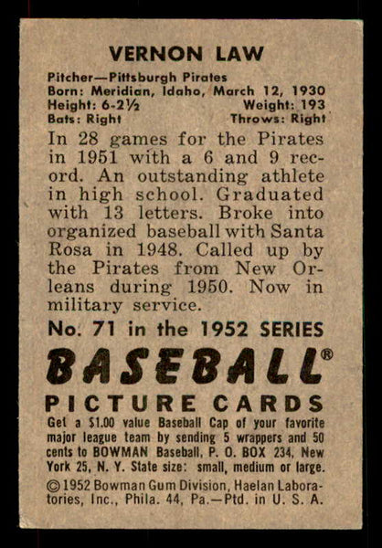 1952 Bowman Baseball #071 Vern Law Pirates EX-MT 533075