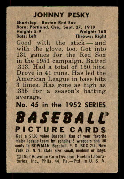 1952 Bowman Baseball #045 Johnny Pesky Red Sox EX-MT 533076