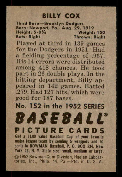 1952 Bowman Baseball #152 Billy Cox Dodgers EX-MT 533077