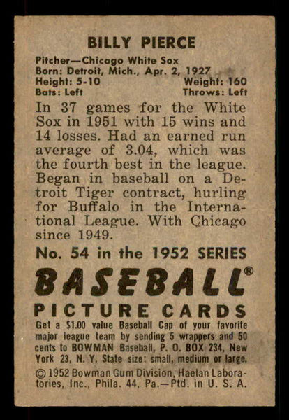 1952 Bowman Baseball #054 Billy Pierce White Sox EX-MT 533079