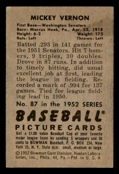 1952 Bowman Baseball #087 Mickey Vernon Senators EX-MT 533080
