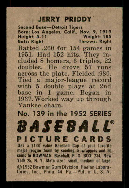 1952 Bowman Baseball #139 Jerry Priddy Tigers EX-MT 533082