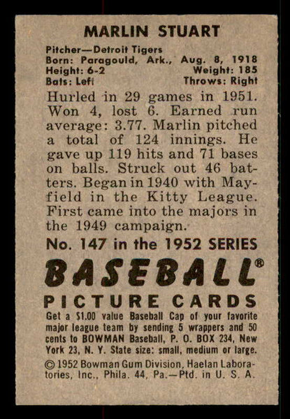 1952 Bowman Baseball #147 Marlin Stuart Tigers EX-MT 533083