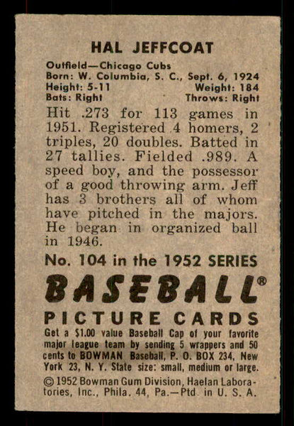 1952 Bowman Baseball #104 Hal Jeffcoat Cubs EX-MT 533084