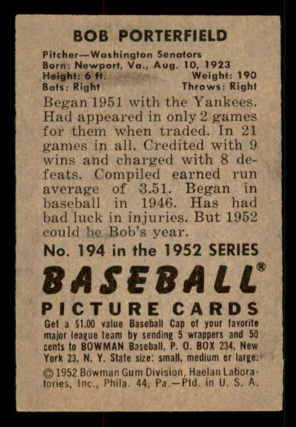 1952 Bowman Baseball #194 Bob Porterfield Senators EX-MT 533086