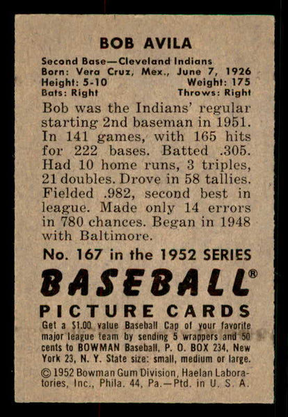 1952 Bowman Baseball #167 Bobby Avila Indians EX-MT 533088
