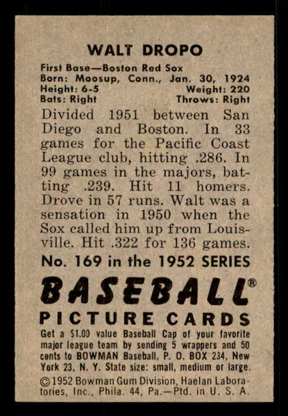 1952 Bowman Baseball #169 Walt Dropo Red Sox EX-MT 533089