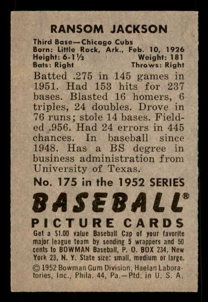 1952 Bowman Baseball #175 Randy Jackson Cubs EX-MT 533092