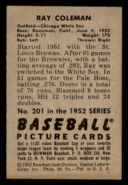 1952 Bowman Baseball #201 Ray Coleman White Sox EX-MT 533093