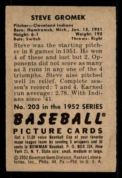 1952 Bowman Baseball #203 Steve Gromek Indians EX-MT 533094