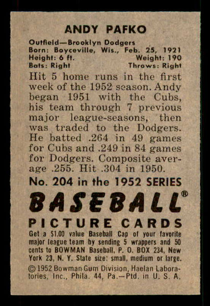 1952 Bowman Baseball #204 Andy Pafko Dodgers EX-MT 533095
