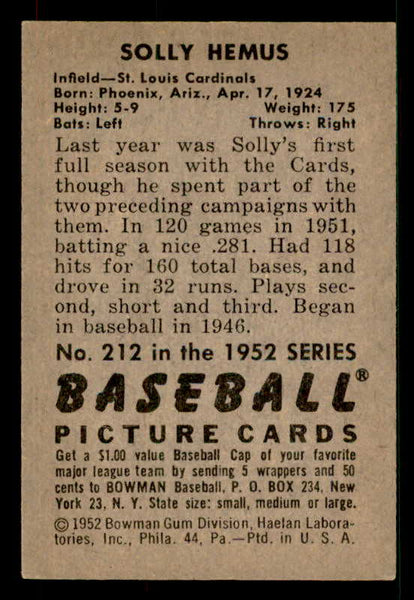 1952 Bowman Baseball #212 Solly Hemus Cardinals EX-MT 533099