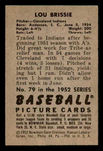 1952 Bowman Baseball #079 Lou Brissie Indians EX-MT 533101