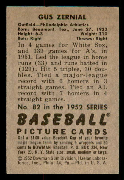 1952 Bowman Baseball #082 Gus Zernial A's EX-MT 533102