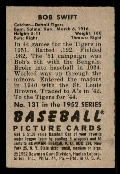 1952 Bowman Baseball #131 Bob Swift Tigers EX-MT 533108