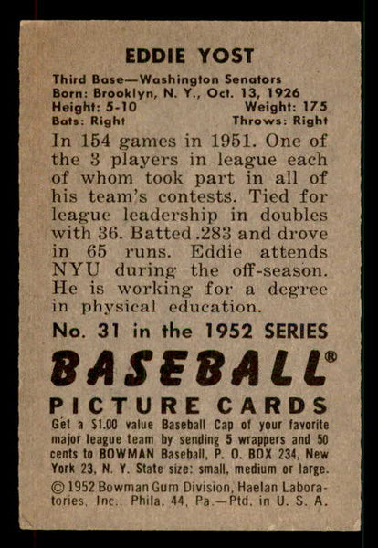 1952 Bowman Baseball #031 Eddie Yost Senators EX-MT 533110
