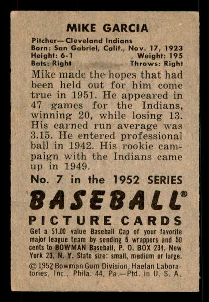 1952 Bowman Baseball #007 Mike Garcia Indians EX-MT 533111