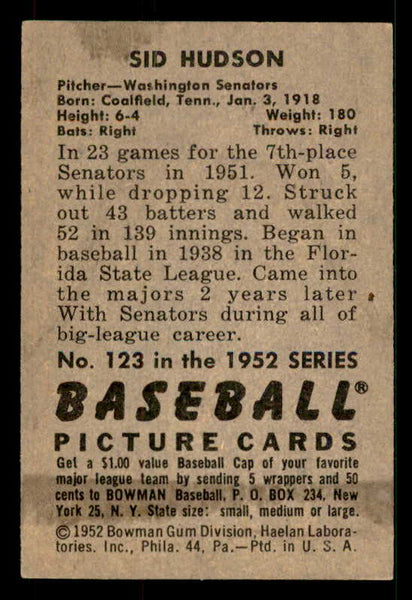 1952 Bowman Baseball #123 Sid Hudson Senators EX-MT 533113