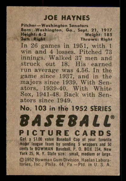 1952 Bowman Baseball #103 Joe Haynes Senators EX-MT 533114