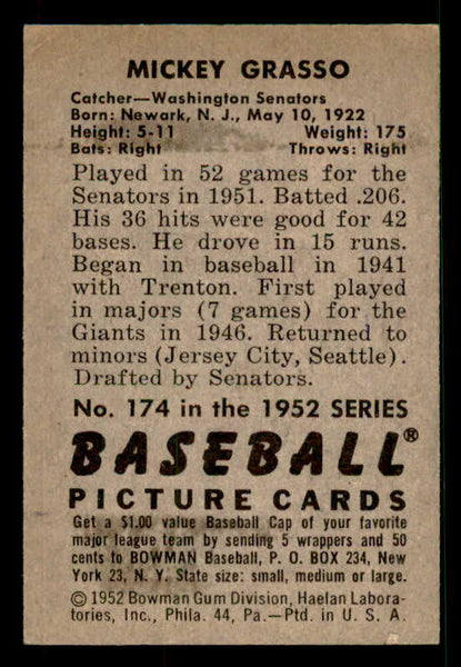 1952 Bowman Baseball #174 Mickey Grasso Senators EX-MT 533115