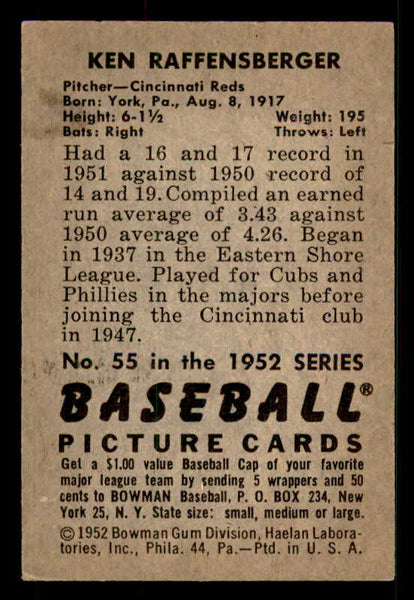 1952 Bowman Baseball #055 Ken Raffensberger Reds EX-MT 533117